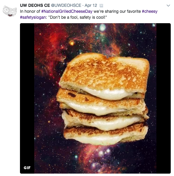 #NationalGrilledCheeseDay Cheesy Safety Slogan: "Don't be a fool, safety is cool!"